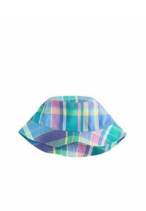 Eimerhut mit pastellfarbenem, mehrfarbigem Karomuster in Blau, Grün, Gelb, Pink und Lila auf weißem Hintergrund.