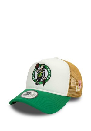Boston Celtics cap with a white front and green visor, featuring an embroidered logo. Mesh back is gold, with a flat brim design.