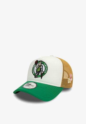 Boston Celtics cap with a white front and green visor, featuring an embroidered logo. Mesh back is gold, with a flat brim design.