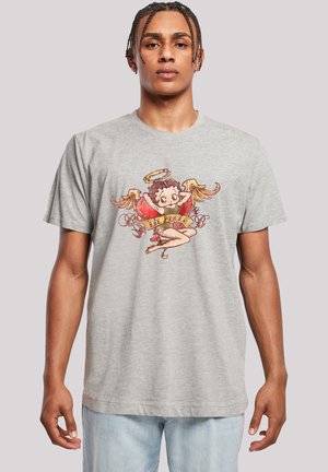 Graues Baumwoll-T-Shirt mit einem bunten Grafikdesign eines geflügelten Chors mit Heiligenschein und einem Banner mit der Aufschrift "R.I.P. ENGEL". Kurze Ärmel und lockere Passform.