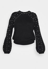 Maglione nero lavorato a maglia con scollatura arrotondata, maniche a palloncino e arricchito con accenti simili a perle lungo le spalle e le maniche.