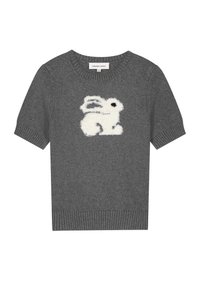 Grijze trui met korte mouwen, voorzien van een geribde halslijn en onderzoom. Heeft een pluizig wit konijnontwerp op de voorkant. Zacht breisel materiaal.