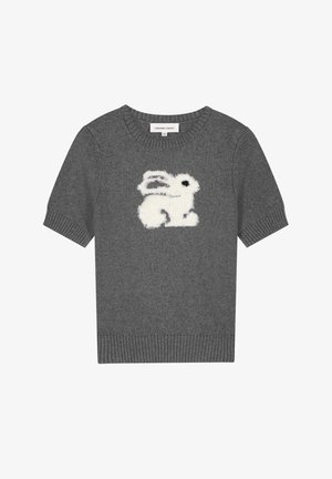 Grijze trui met korte mouwen, voorzien van een geribde halslijn en onderzoom. Heeft een pluizig wit konijnontwerp op de voorkant. Zacht breisel materiaal.