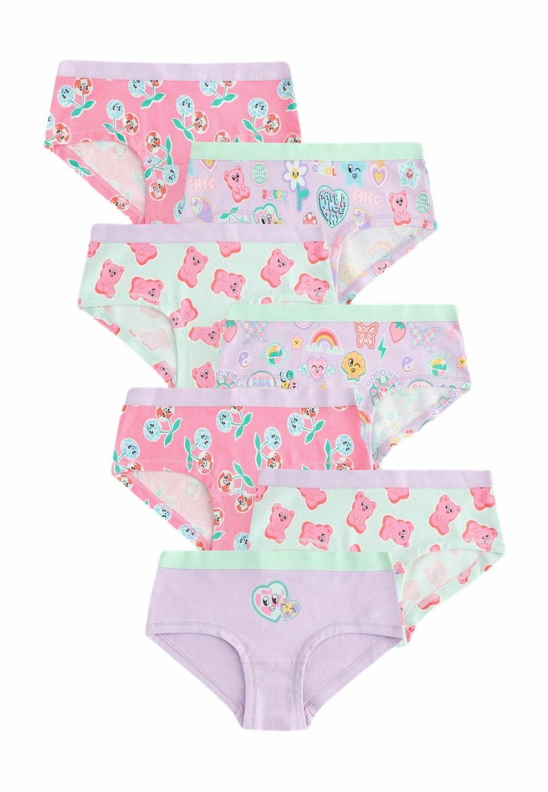 Set di sette pezzi di biancheria intima in cotone in rosa e verde menta. Presenta motivi di orsetti e floreali, con design variabili e accenti giocosi.
