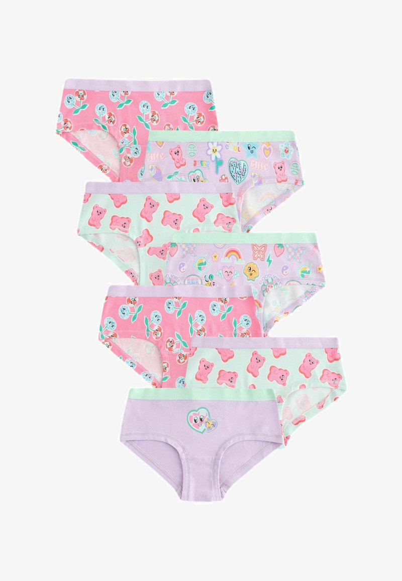 Set di sette pezzi di biancheria intima in cotone in rosa e verde menta. Presenta motivi di orsetti e floreali, con design variabili e accenti giocosi.