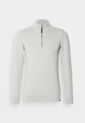 Svijetlosivi zip-up pulover izrađen od mekanog materijala, s visokim ovratnikom i dugim rukavima s rebrastim manžetama i rubom.