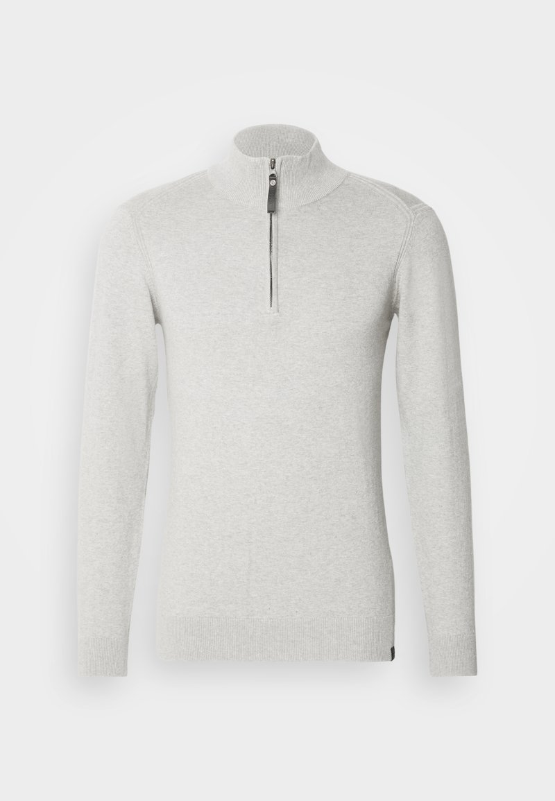 Maglione zip-up grigio chiaro realizzato in tessuto morbido, con colletto alto e maniche lunghe con polsini e bordo a coste.