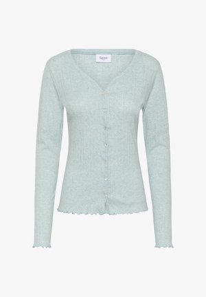 Hele sinine kardigan V-kaelusega, pika varrukaga, nööpidega sulgur, soonikkoeline tekstuur ja laineline äär, valmistatud pehmest kangast.