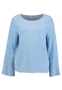 Biała i niebieska bluzka w pionowe paski z długim rękawem, okrągłym dekoltem i białymi guzikami na rękawach.
