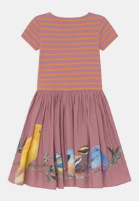 Pruhované šaty s krátkým rukávem, které mají fialový vršek s oranžovými pruhy a růžovou sukni zdobenou barevnými ilustracemi ptáků.