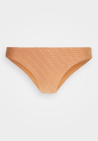 Bottom de bikini cor pêssego com um padrão texturizado em ondas, cintura elástica e um pequeno detalhe metálico de um lado.
