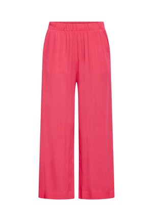 Vaļīgas, platas kājas bikses spilgti koralliņā ar elastīgu vidukli, izgatavotas no viegla auduma.