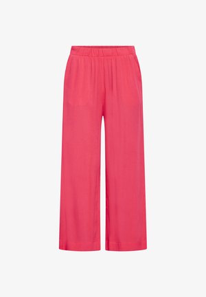 Ohlapne široke hlače v svetli koralni barvi z elastičnim pasom, izdelane iz lahkega blaga.