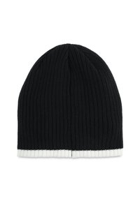 Black knit beanie with a ribbed texture and a contrasting white stripe at the bottom. Rounded top and warm, stretchy material.