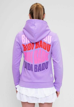 Purple hoodie featuring large multicolored text ("BIDI BADU") on the back. Made of a soft material with a drawstring hood.
