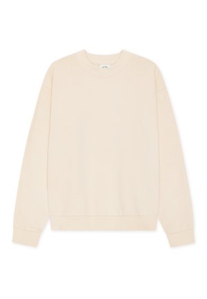Beige sweatshirt met lange mouwen en een ronde hals, met geribbelde manchetten en zoom, plat uitgestald op een witte achtergrond.