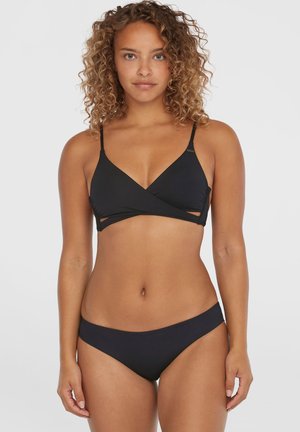 Black bikini set featuring a triangular bralette with thin straps and cut-out details, paired with classic bikini bottoms. Smooth texture.