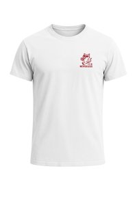 White cotton t-shirt featuring a red print of a cartoon cat and the word "NEVERLESS" on the left chest area. Short sleeves and standard fit.