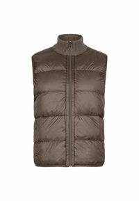 Braune wattierte Weste mit hohem Kragen, Reißverschlussfront und gestepptem Design. Hergestellt aus leichtem Material mit glatter Textur.