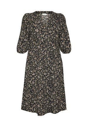 Schwarzes Kleid mit floralem Muster in Rosa- und Weißtönen. Mit Puffärmeln und V-Ausschnitt. Hergestellt aus einem leichten Stoff.