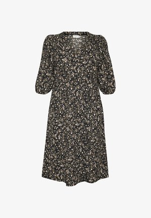 Mustam kleit lillekirjaga roosa ja valge tooni. Omab puffvarrukaid ja V-kujulist kaelust. Valmistatud kergest kangast.