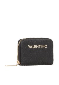 Portafoglio in pelle nera con logo "VALENTINO" in rilievo, dettagli in metallo color oro, chiusura con zip e forma rettangolare compatta.