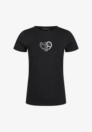 Black short-sleeve t-shirt with a round neckline and a white and black stylized "M19" logo centered on the chest.