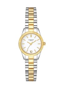 Orologio in metallo dorato e silvero con quadrante rotondo bianco, caratterizzato da lancette e indici delle ore dorati, lunetta scanalata dorata e cinturino bicolore.