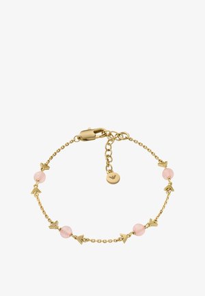 Gold chain bracelet featuring pink beads and triangular accents, with a lobster clasp and adjustable length chain for fit.
