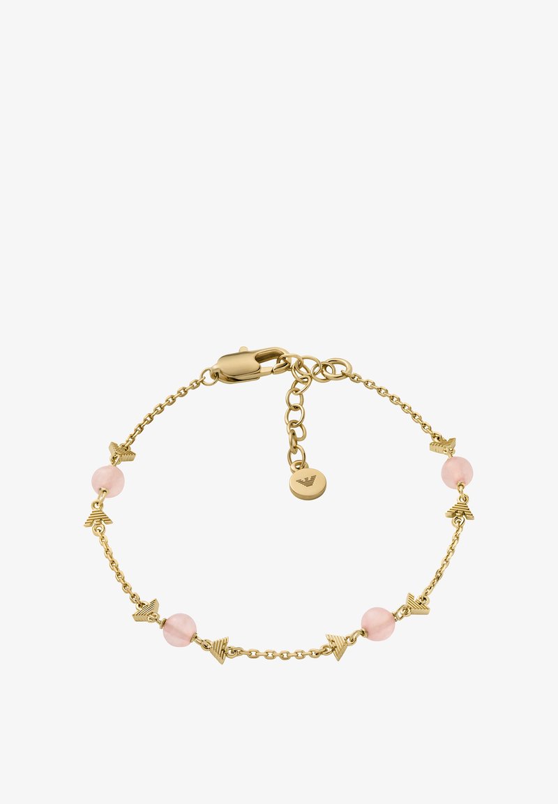 Bracciale in oro con perline rosa e accenti triangolari, dotato di una chiusura a gancio e di una catena regolabile per una vestibilità personalizzata.