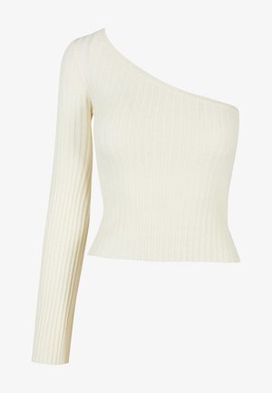 Top na jedno ramię, z długim rękawem w kolorze ecru, wykonany z prążkowanej dzianiny; dopasowany krój z rozkloszowanym dołem dla uzyskania wyrafinowanego wyglądu.