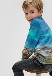Langärmliger blauer Sweatshirt mit einem bunten Tier- und Landschaftsdesign. Kombiniert mit dunklen grauen Hosen und sitzt auf einem Holzschemel.