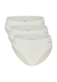 Completo di tre paia di pantaloni intimi bianchi in cotone, caratterizzati da una trama liscia, un elastico in vita e un piccolo logo beige sul lato sinistro davanti.