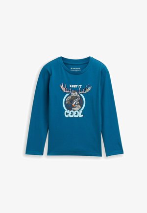 Blauw kinderhemd met lange mouwen, voorzien van een pailletten afbeelding van een eland en de tekst "Houd het koel" aan de voorkant.