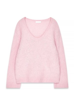Rosa, gestrickter Pullover mit lockerem Schnitt, weitem V-Ausschnitt und langen Ärmeln. Hergestellt aus weichem, flauschigem Material mit gerippten Bündchen und Saum.