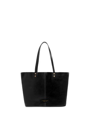 Borsa tote in pelle nera con due manici, cuciture sottili al centro e una piccola targhetta con logo dorata sul davanti.