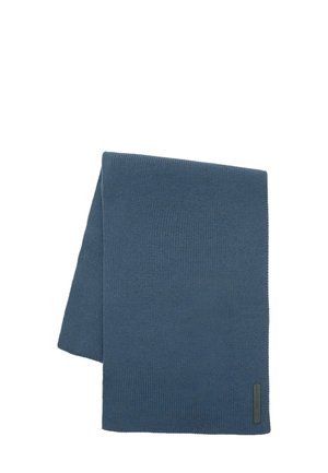 Sciarpa lavorata a maglia di colore blu scuro, di forma rettangolare con una superficie liscia e un sottile motivo a coste; presenta un piccolo tag con il marchio a un'estremità.