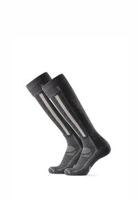 Calcetines de punto hasta la rodilla en gris oscuro con franjas contrastantes en gris claro. Estructura acanalada y detalles reforzados en la punta y el talón.