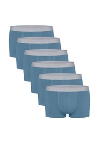 Confezione da sei boxer blu da uomo con elastico grigio in vita, realizzati in un tessuto morbido ed elastico, con un design attillato e senza motivi.