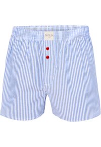 Modré a bílé pruhované boxerky z jemné tkaniny, s elastickým páskem a dvěma červenými knoflíky vpředu pro zapínání a dekoraci.