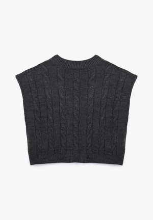 Kortärmad, donkergrijze gebreide pullover met kabelbreipatroon en geribbelde ronde hals; heeft een boxy silhouet en een gestructureerde stof.