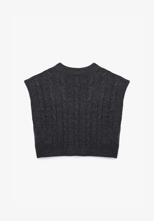 Lyhythihainen, tummanharmaa neulottu neulepaita, jossa on kabelineuloskuvio ja ribbireunus; ominaisuuksiin kuuluu laatikkomainen siluetti ja teksturoitu kangas.