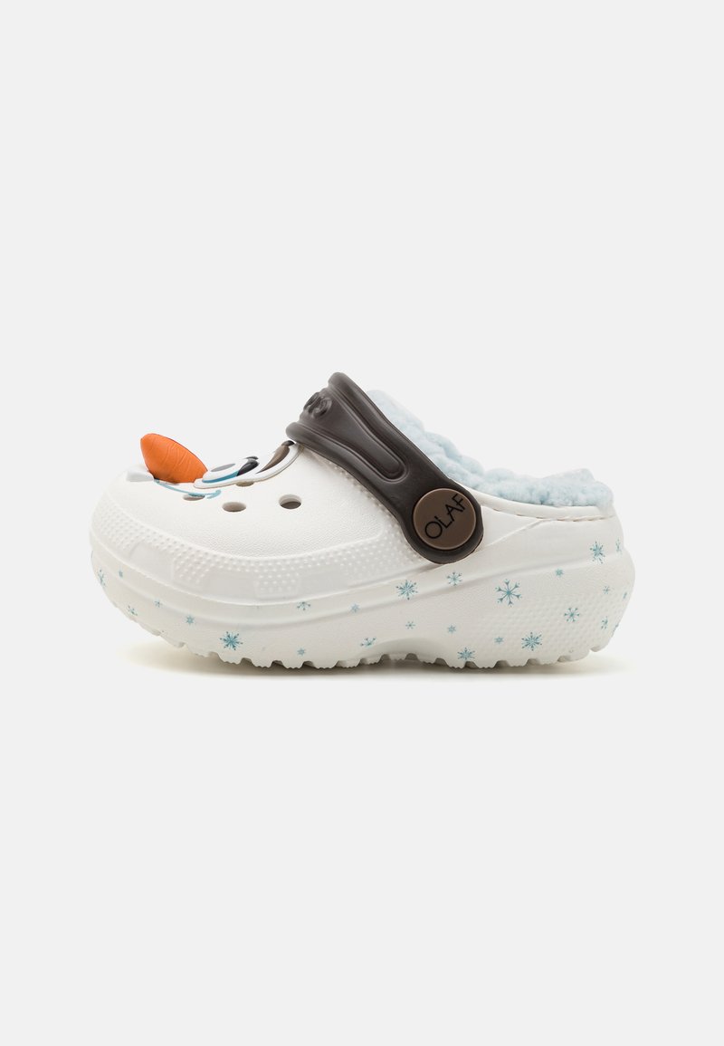 White clogs with a fuzzy blue lining, featuring a snowman face, orange carrot nose, and blue snowflake patterns on the sole.