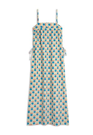 Abito maxi in tessuto leggero con un motivo di cerchi blu e linee arancioni su uno sfondo beige. Include spalline regolabili.