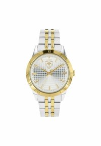 Silber- und goldfarbene Zwei-Ton-Uhr mit einem strukturierten weißen Zifferblatt, römischen Ziffern und einem polierten Armband aus Edelstahl.
