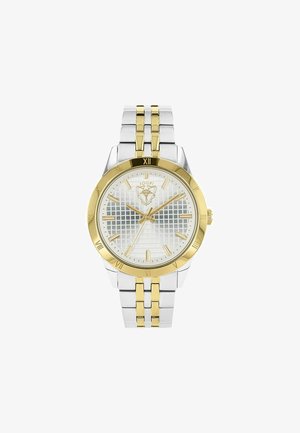 Silber- und goldfarbene Zwei-Ton-Uhr mit einem strukturierten weißen Zifferblatt, römischen Ziffern und einem polierten Armband aus Edelstahl.