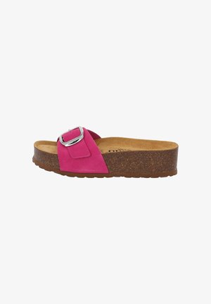 Fuchsia Wildleder-Slide-Sandalette mit einem breiten Riemen, der eine Metallschnalle trägt, Korkfußbett und Gummilaufsohle für Grip und Komfort.