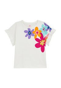 Witte t-shirt met korte mouwen en kleurrijke bloemenprints in roze, oranje, paars en blauw. Voorzien van ruches aan de mouwranden en een ronde halslijn.