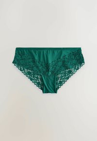 Mutande verdi con un corpo in satin liscio e dettagli in pizzo intricati lungo la parte superiore e le gambe, con un bordo a onde.