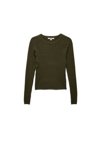 Maglione a collo rotondo in verde oliva con lavorazione a treccia, maniche lunghe e scollo a costine, caratterizzato da un motivo testurizzato su tutta la superficie e una silhouette aderente.